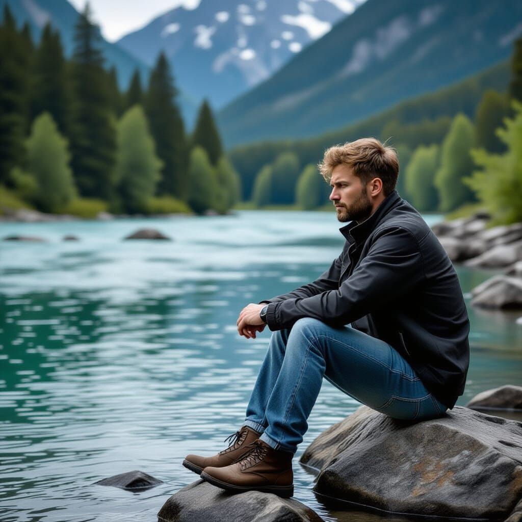 Man Contemplates River with Sad, Confused Expression