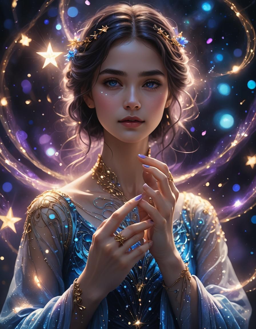 Ethereal Woman Conjuring Stars: Digital Art Portrait