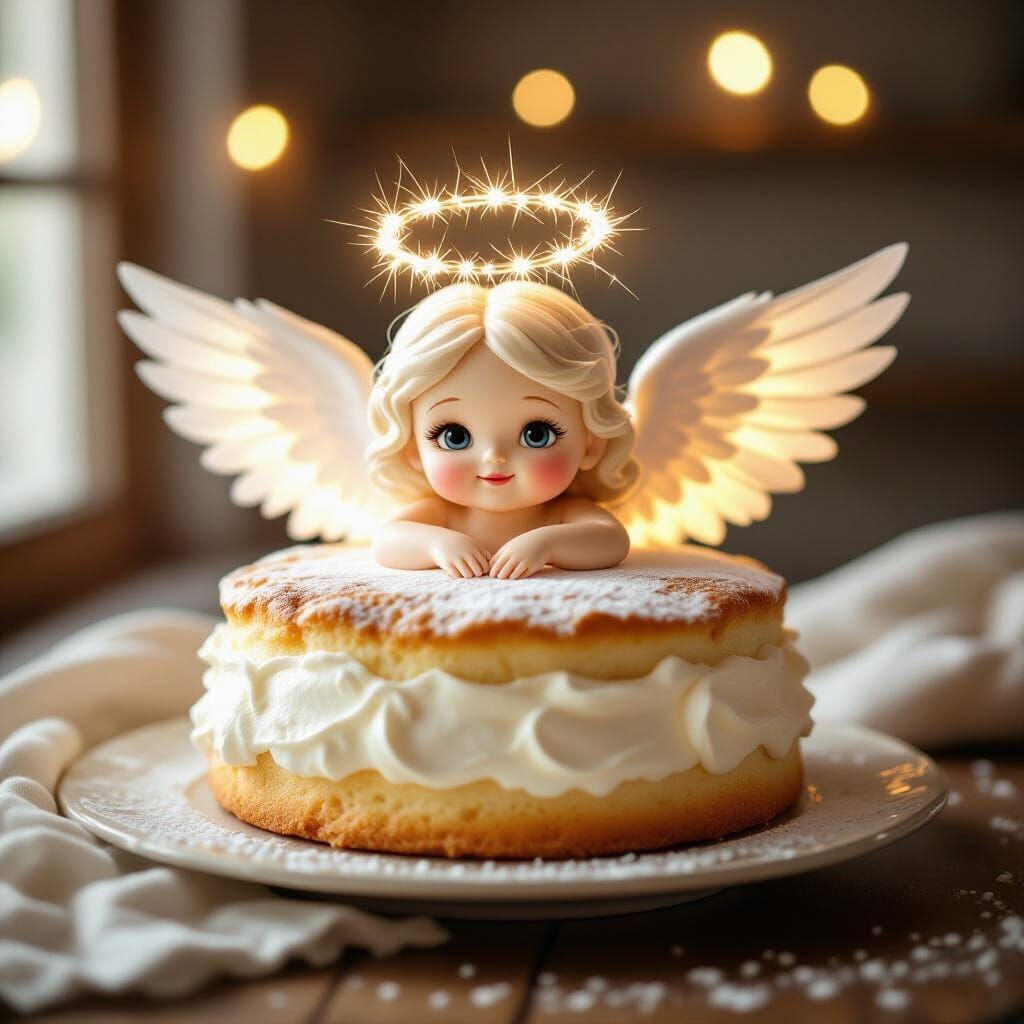 Ethereal Angel Food Cake Character with Wings and Halo