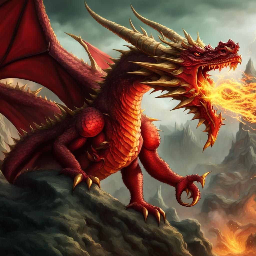 Crimson Dragon Unleashes Green Fire in Diamond Cave