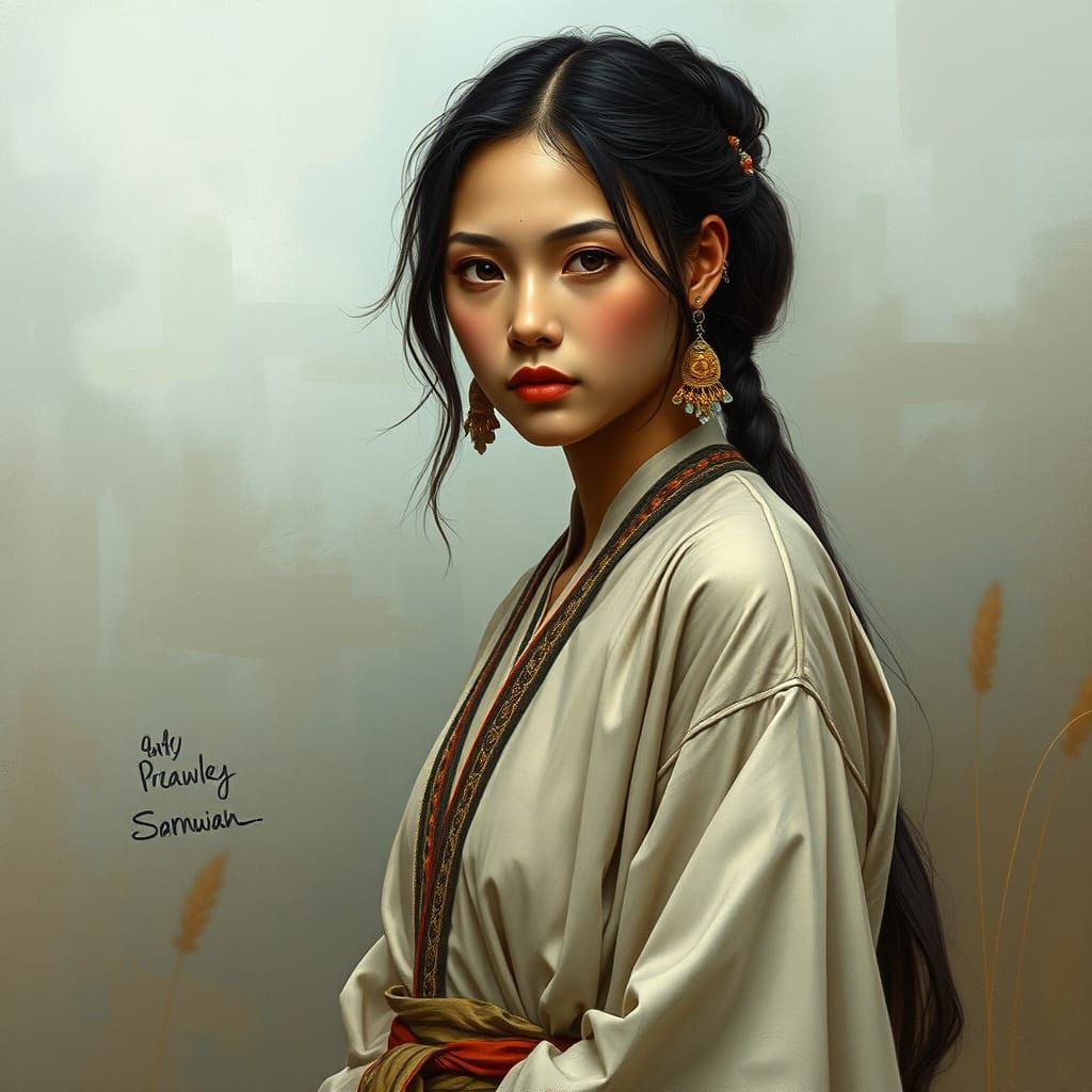 Elegant Woman in Wakamé Attire, Earth Tones