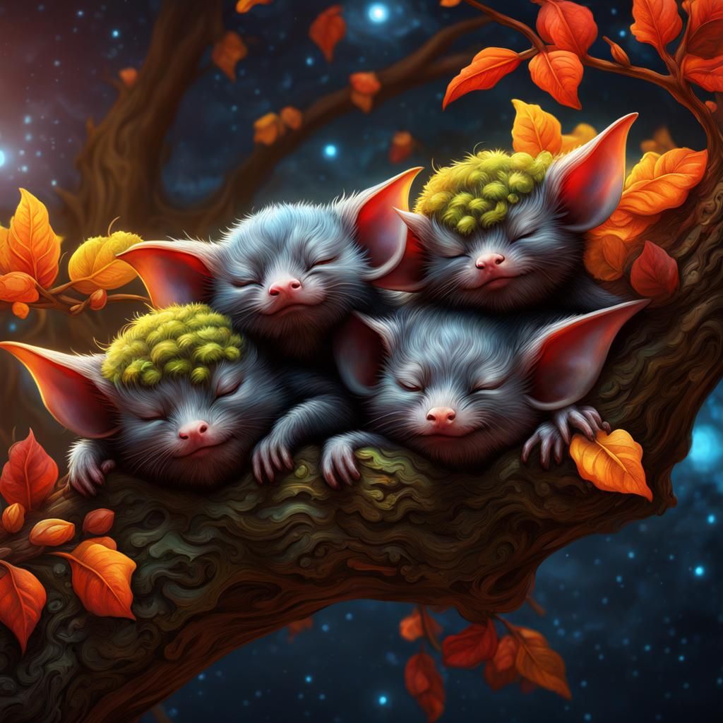 Chibi Vampire Bats Under Galaxy Sky in Art Nouveau Style