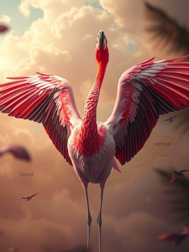 Dreamy Flamingo with Wings Spread, Iran Map in Ethereal Sky