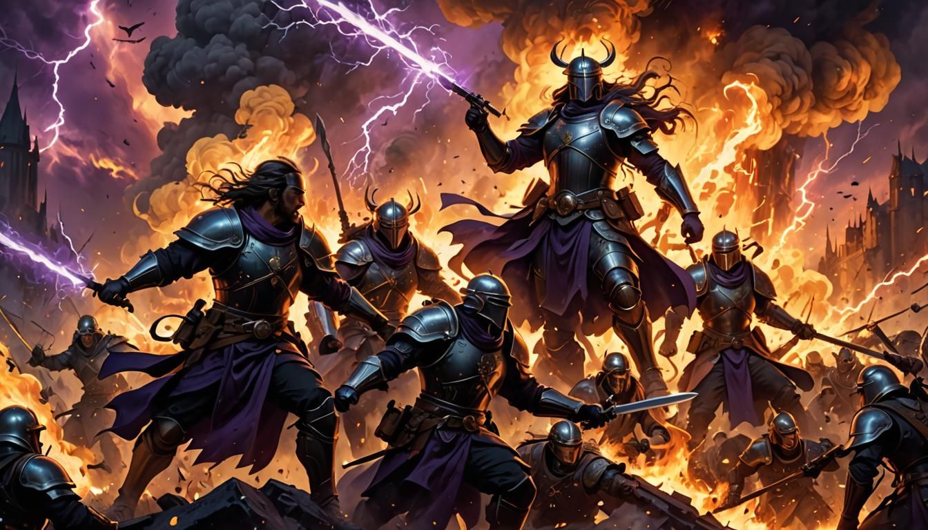 Epic Dark Fantasy Battlefield Scene in Art Nouveau Style