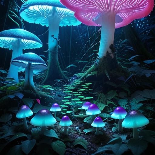 Bioluminescent Fungi Forest in a Neon Palette