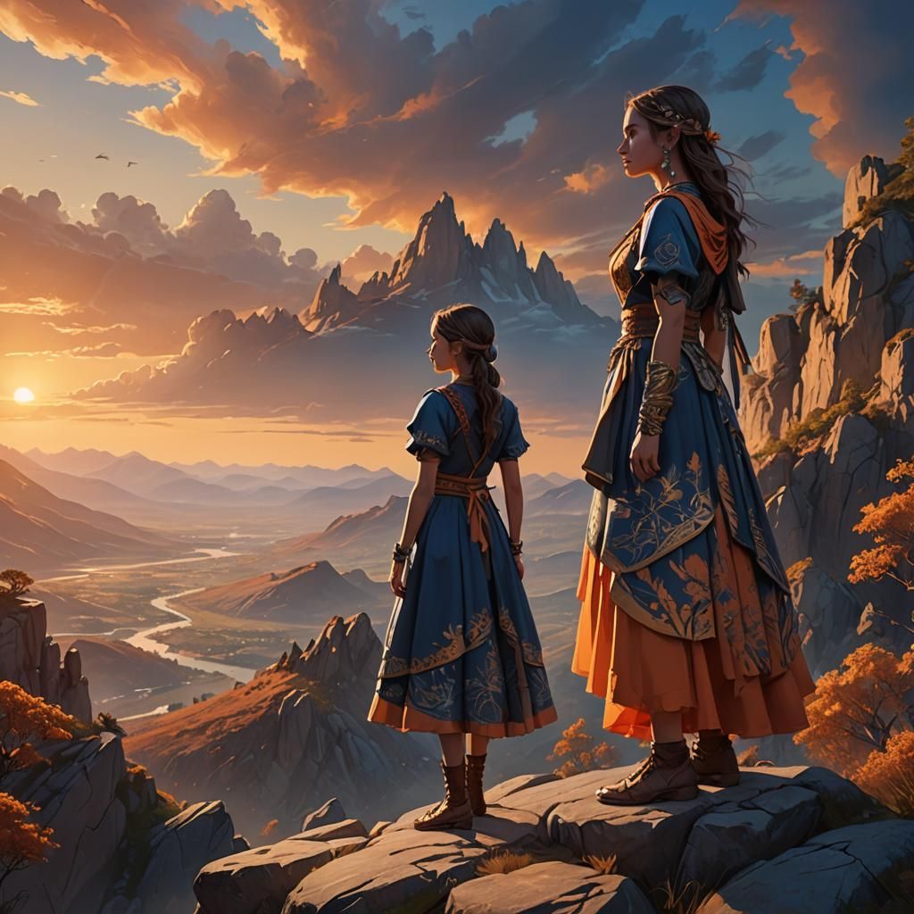Girl on Mountain at Sunset: Fantasy Concept Art