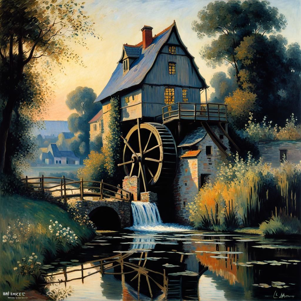 Historic Watermill in Evening Light: Impressionistic Style