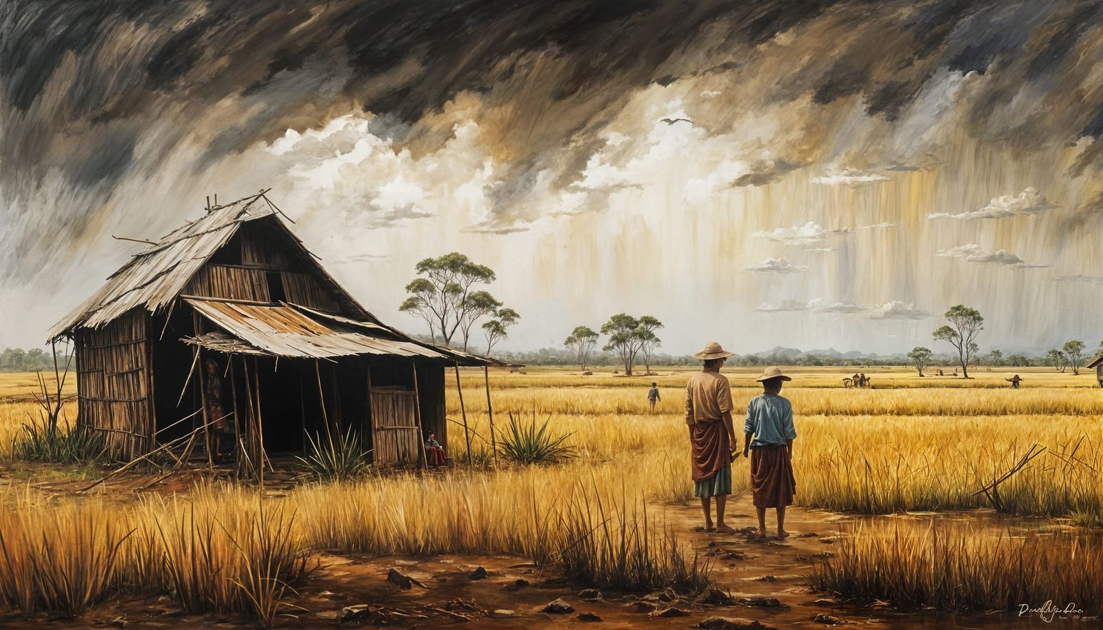 Cambodian Farmers in Desolate Landscape, Drysdale Style