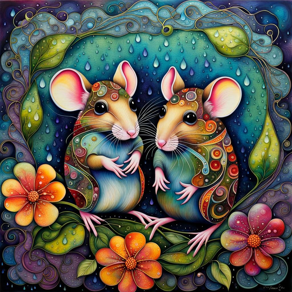 Wet Mice Hiding in Flower, Alcohol Ink Art