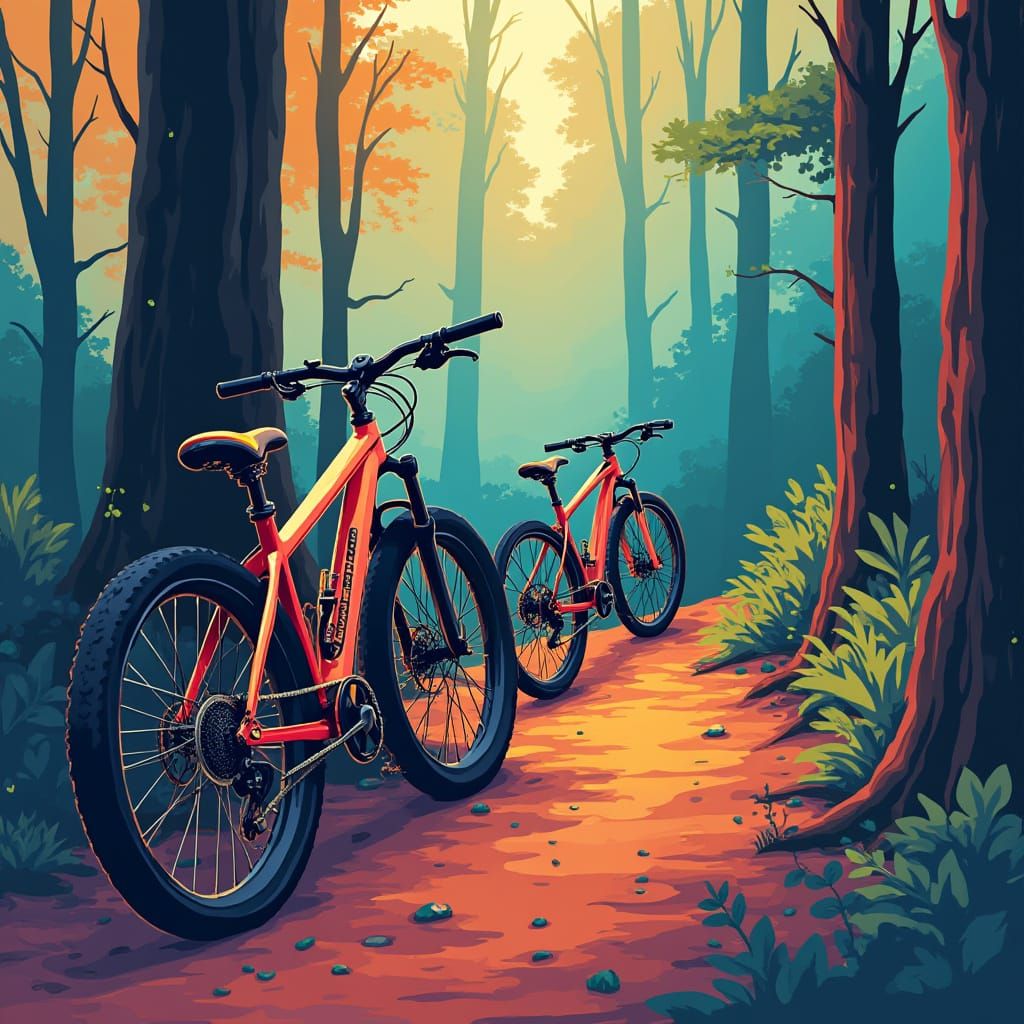 Colorful Mountain Bikes on Forest Trail in Retro-Futuristic ...