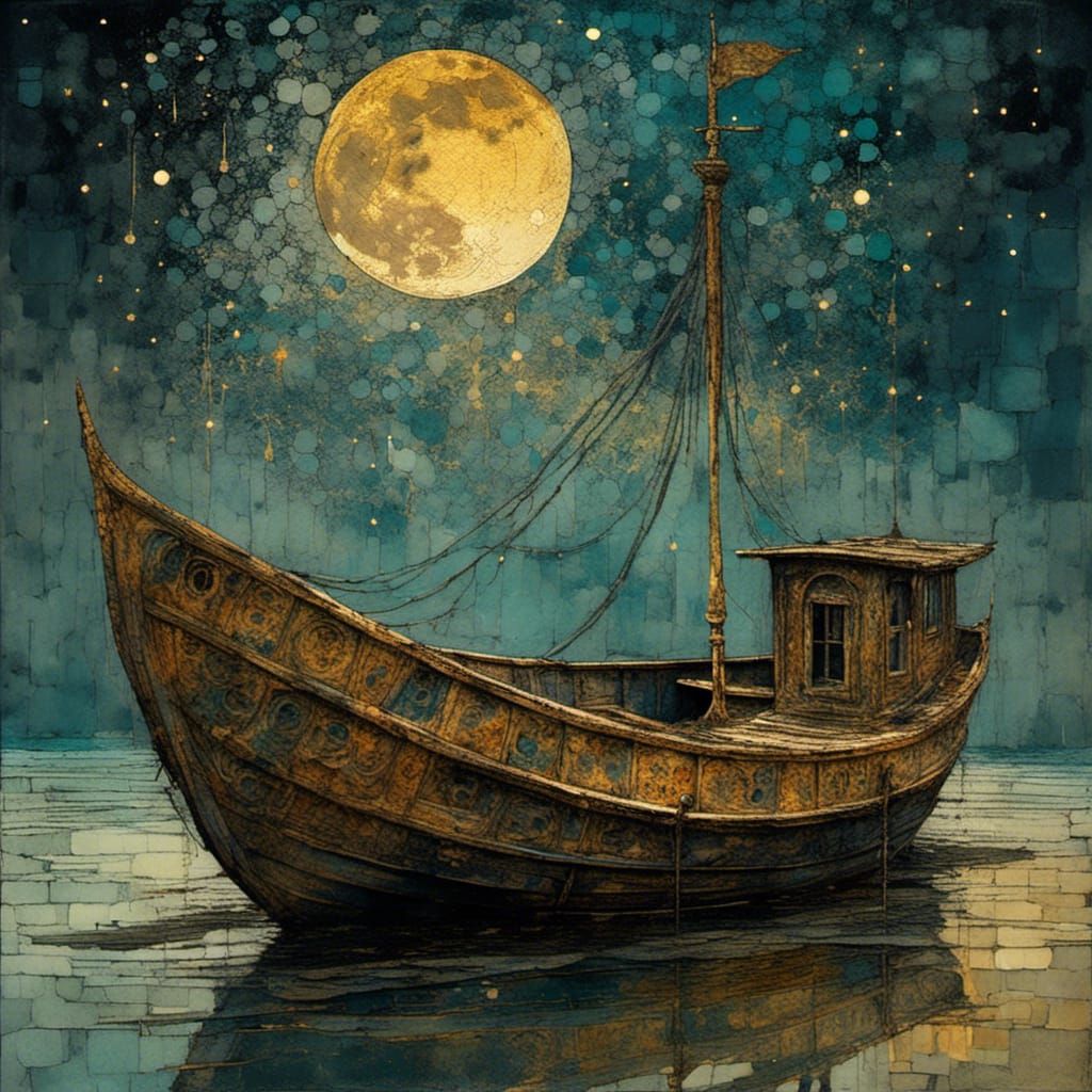 Fantastical Romani Boat Under Crescent Moon in Watercolor