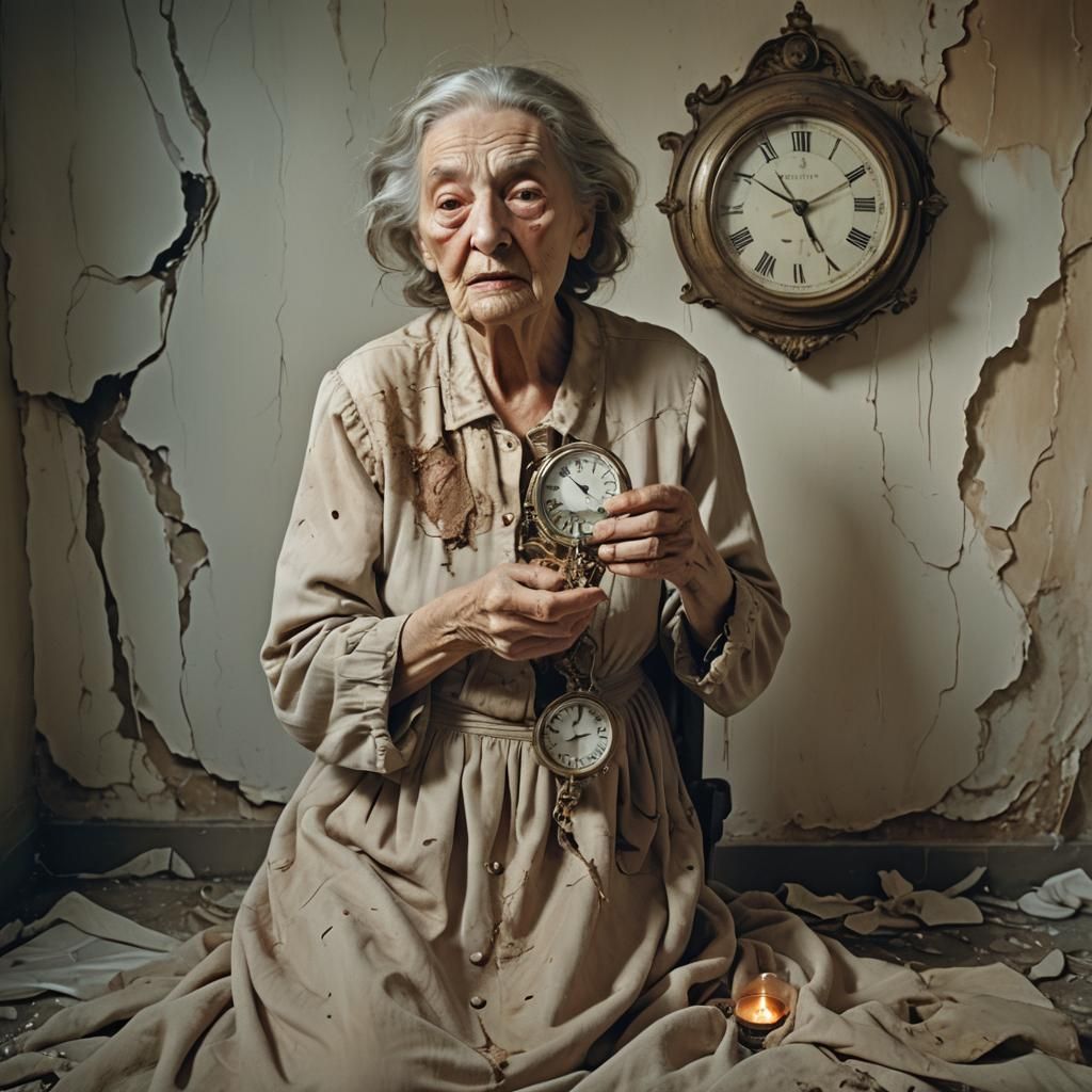 Elderly Woman with Melting Clock in Surrealist Style