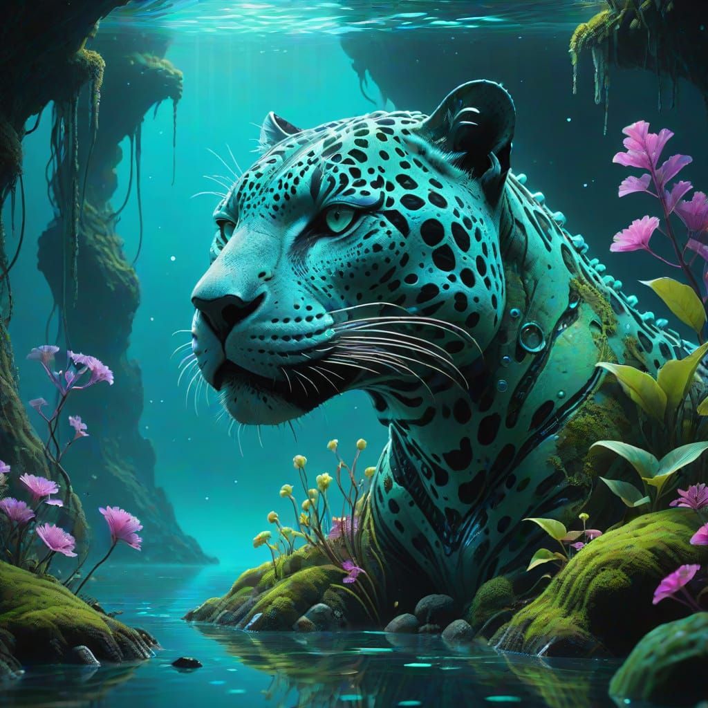 Ancient Jaguar Statue in Bioluminescent Alien Ocean