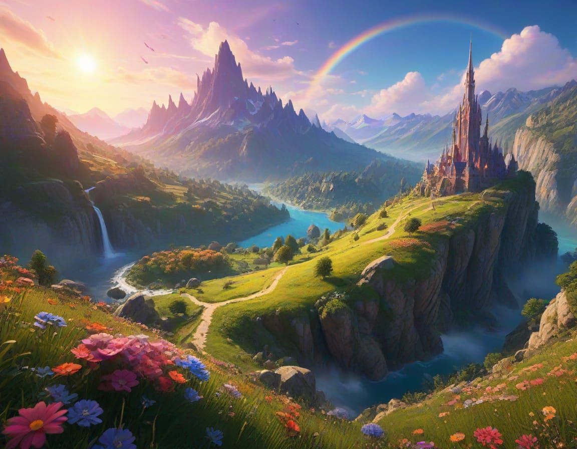 Whimsical Valley of Dreams in Vibrant, Sun-Kissed Paradise