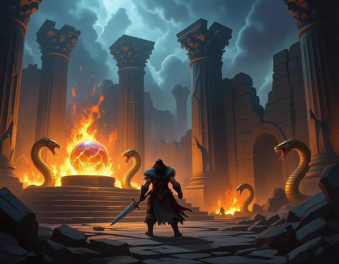 Barbarian Warrior Fights Sorcerer in Ruined Throne Hall