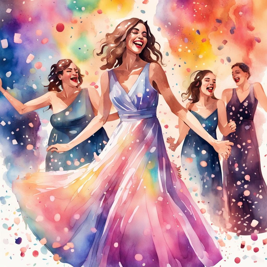Joyful Trans Woman Dancing at Wedding, Watercolor Style