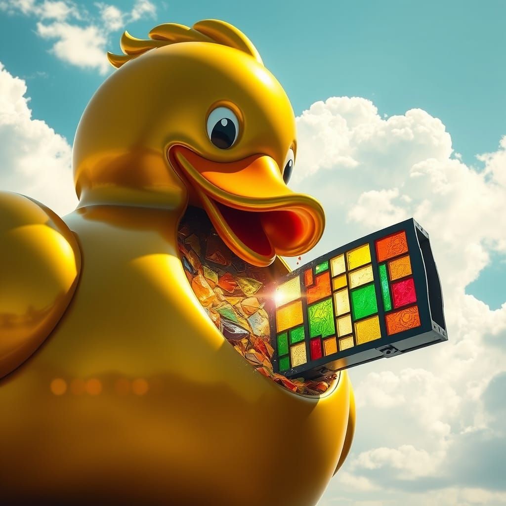 Gigantic Golden Rubber Duck Devours Vibrant Stained Glass Wi...