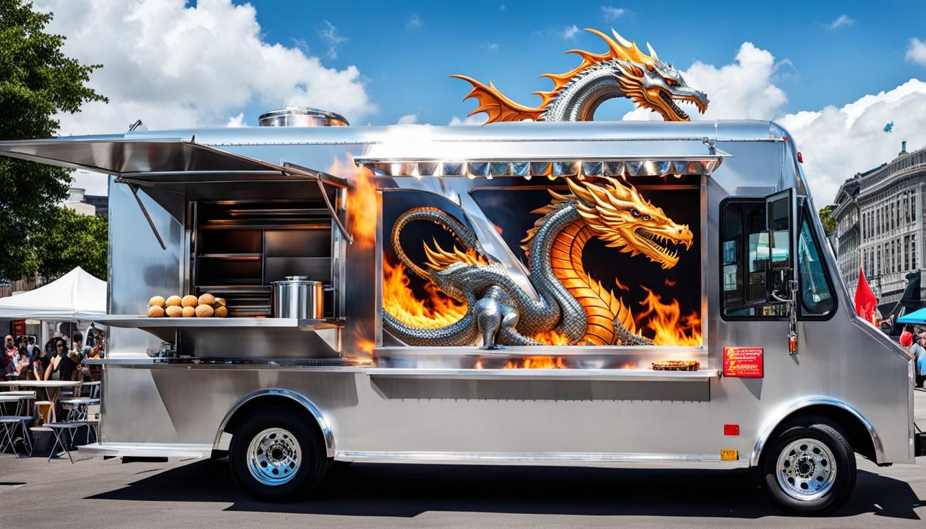Futuristic Silver Food Truck with Dragon Sign