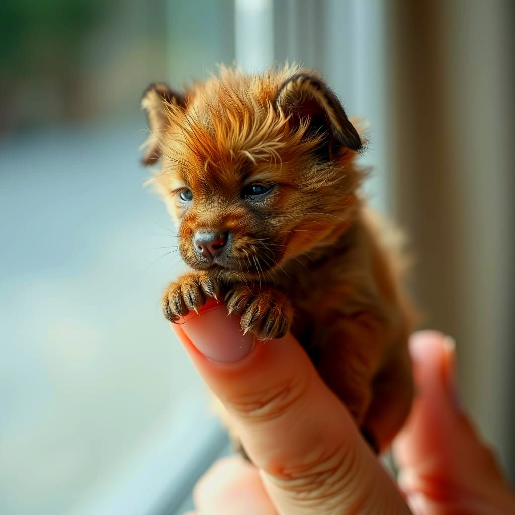 Tiny Shar Pei Puppy on Finger, Ultra-Realistic Photo