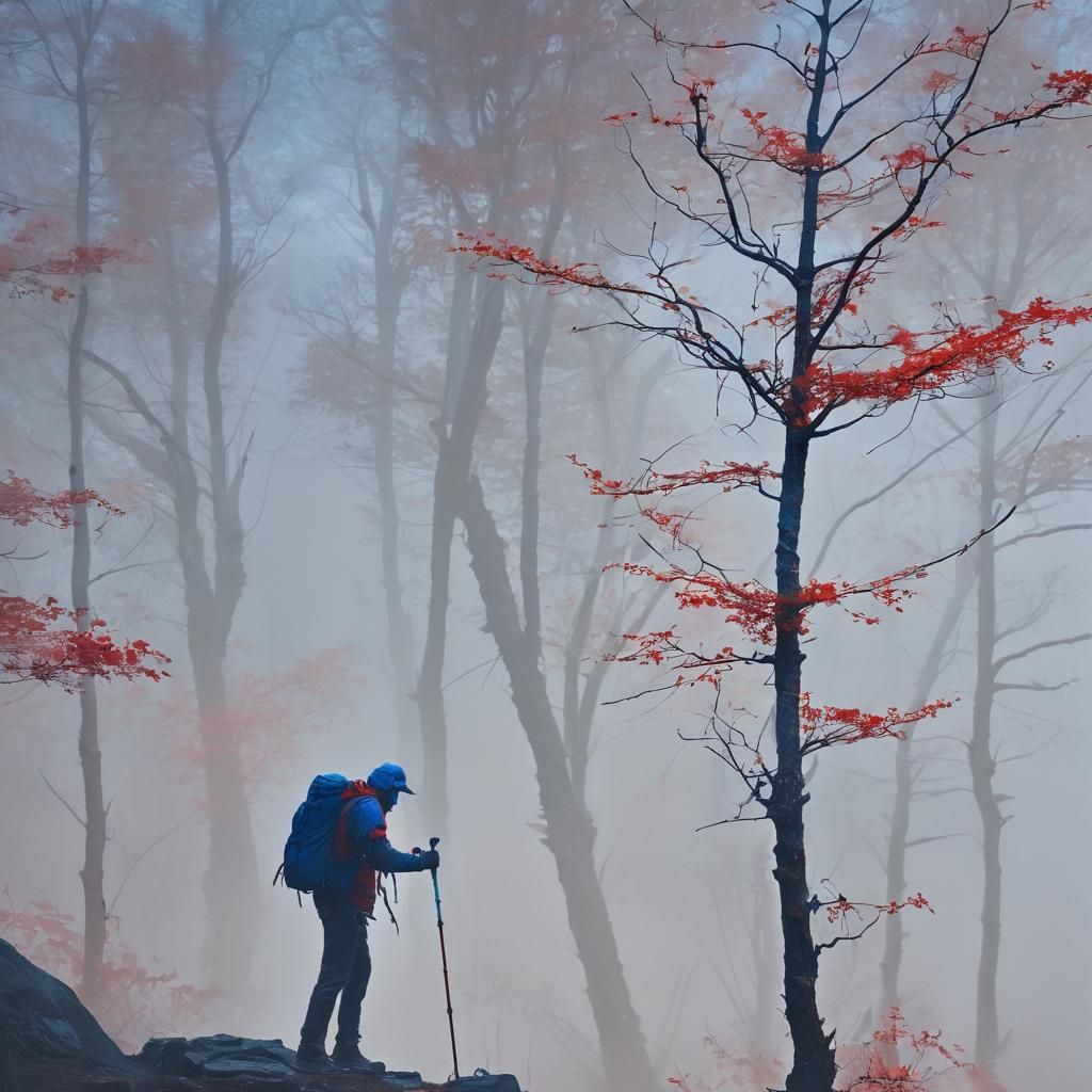 Abstract Expressionist Hiker at Mountain Summit