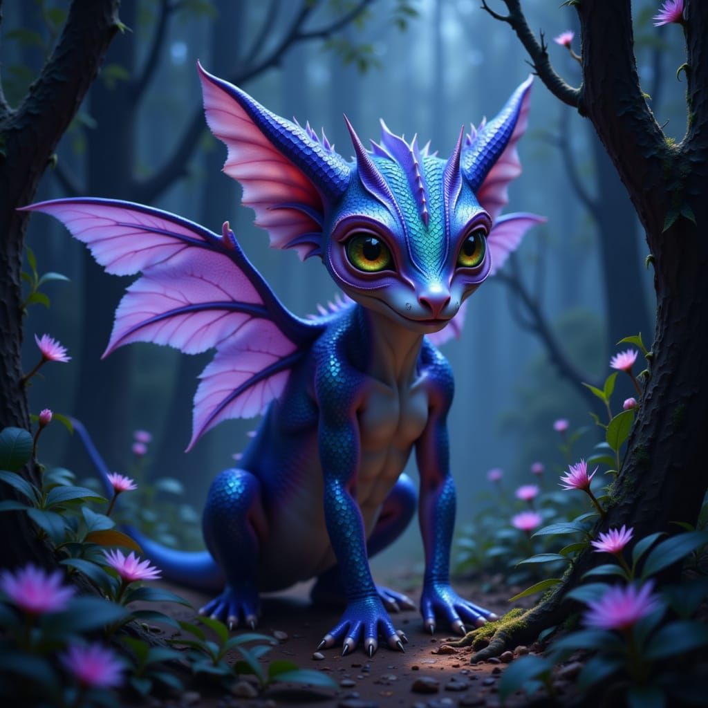 Fantastical Creature in Bioluminescent Forest Digital Painti...