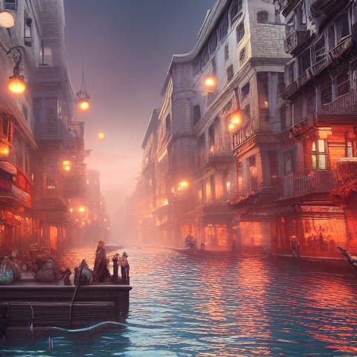 Crowded Canal Street: Detailed Fantasy Matte Painting