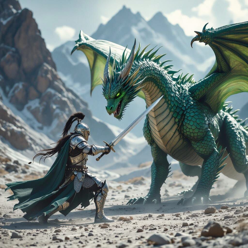 Warrior Battles Emerald Dragon in Mountain Pass
