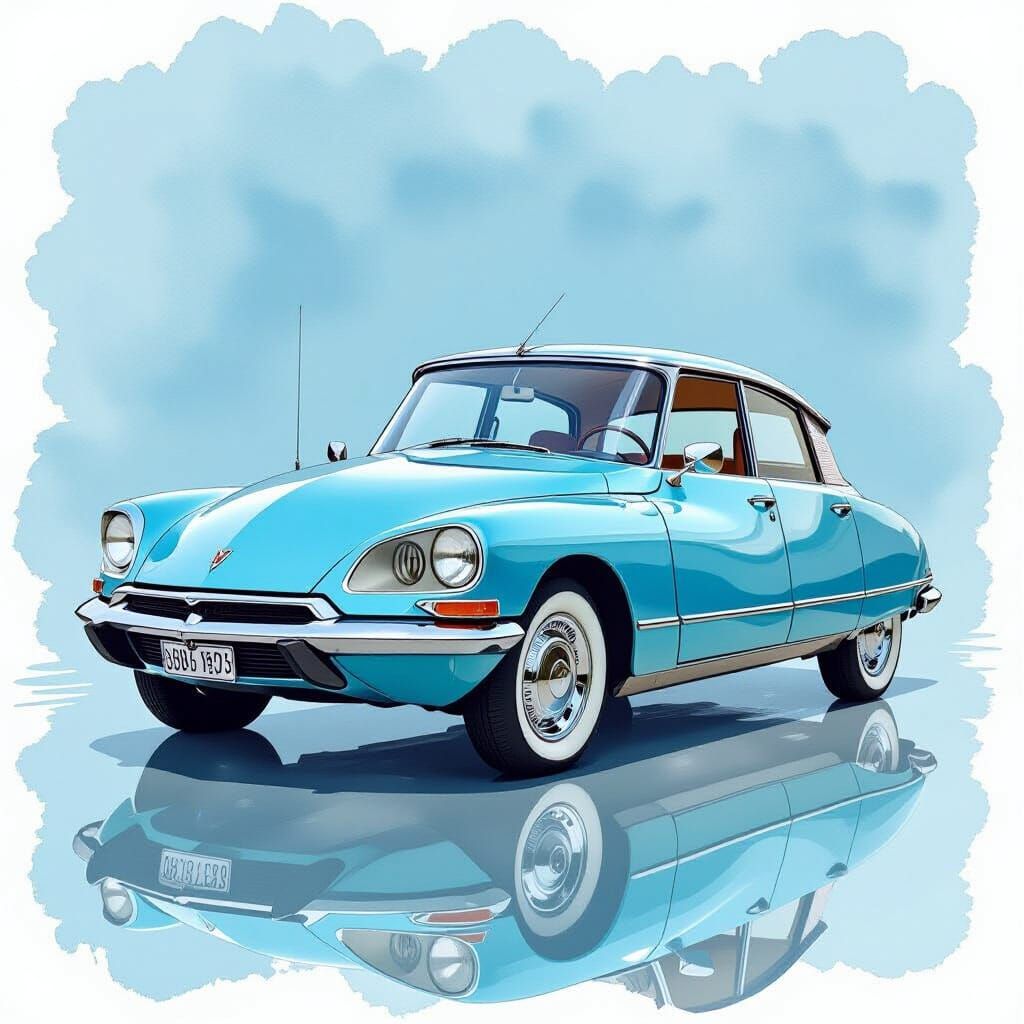 Light Blue Citroën DS with Watercolor Background