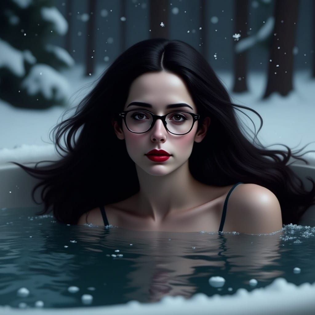 Hyperrealistic Portrait of Andie Banks in a Snowy Hot Tub Sc...