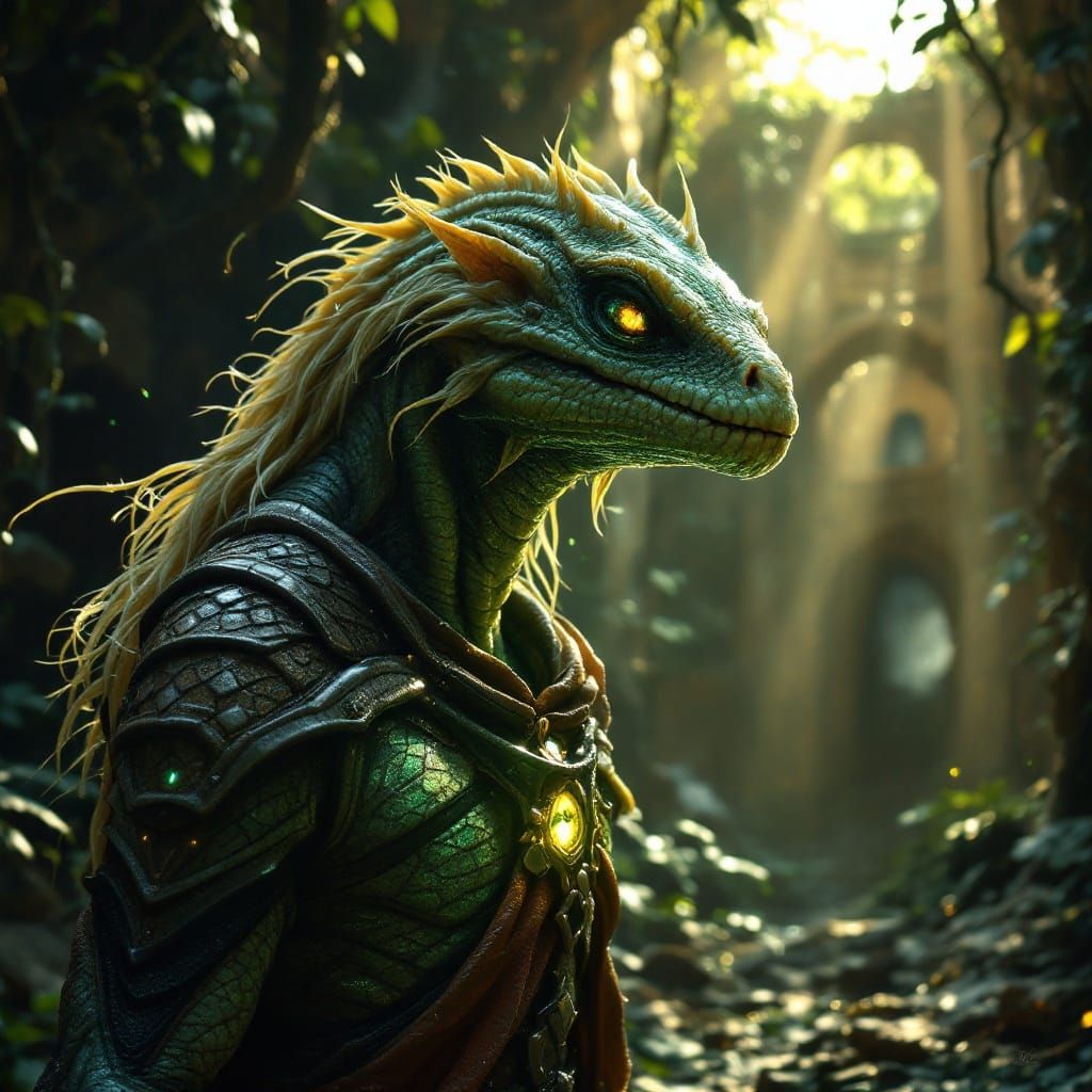 Dark Fantasy Reptilian Warrior in Ancient Jungle Ruins