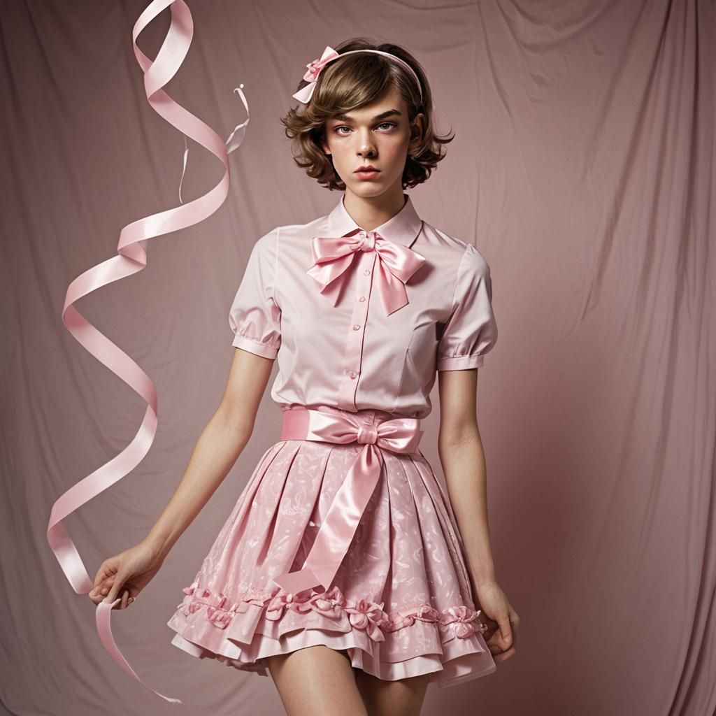 Boy Crossdressing in Pink Dress, High Fashion Portrait