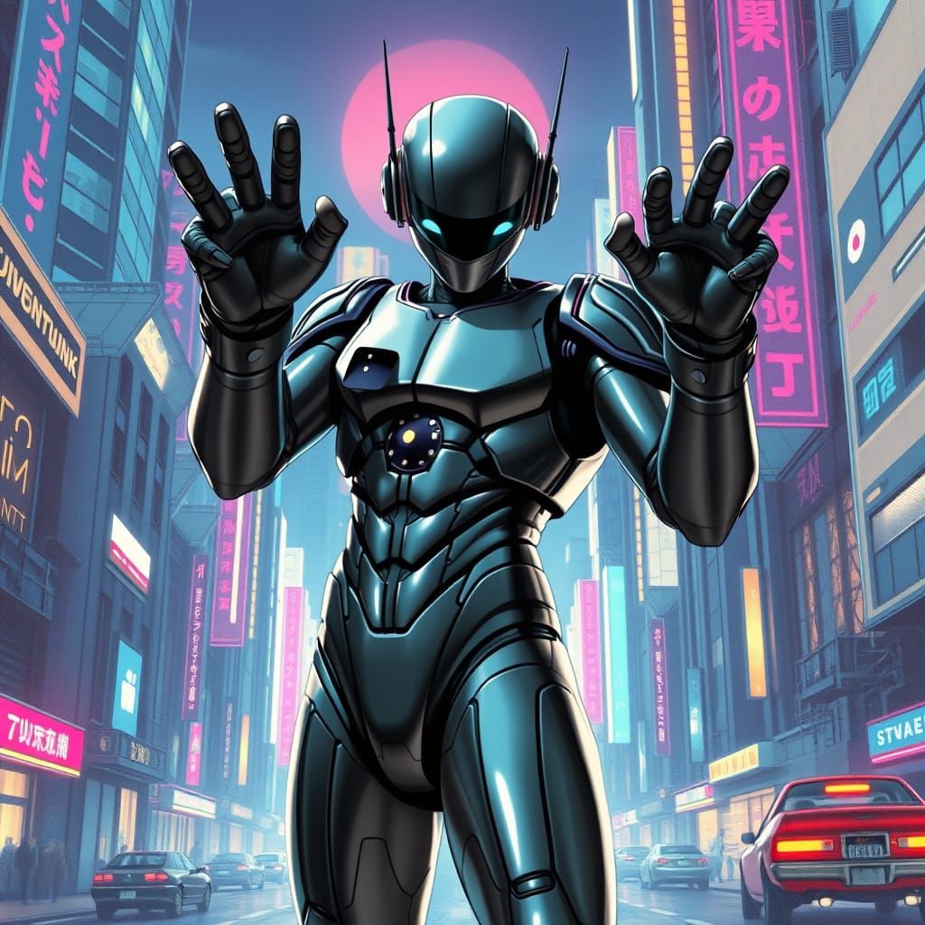 Android Hero in Dystopian Cyberpunk Cityscape