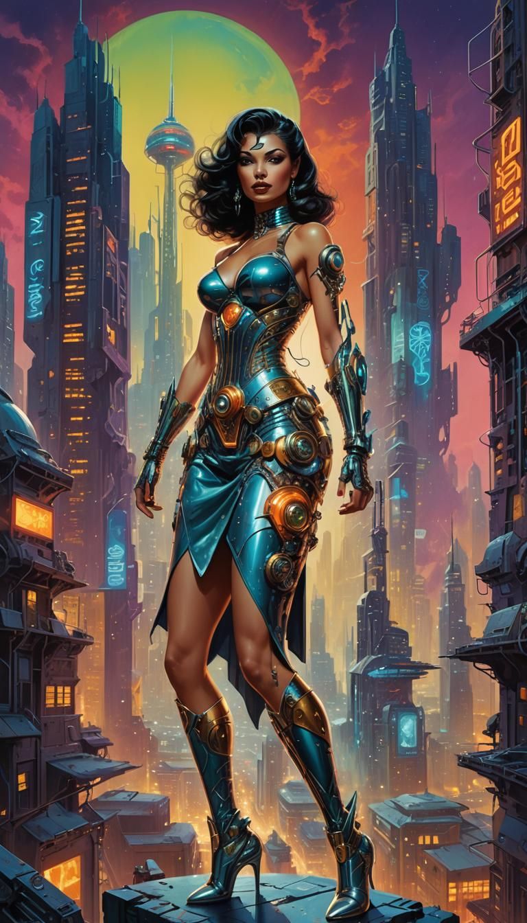 Sci-Fi Pin-Up Girl in Futuristic Cityscape