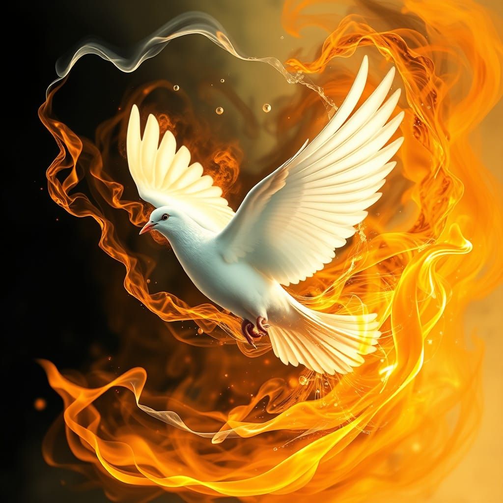 Ethereal White Dove Ascends Amidst Swirling Flames and Water