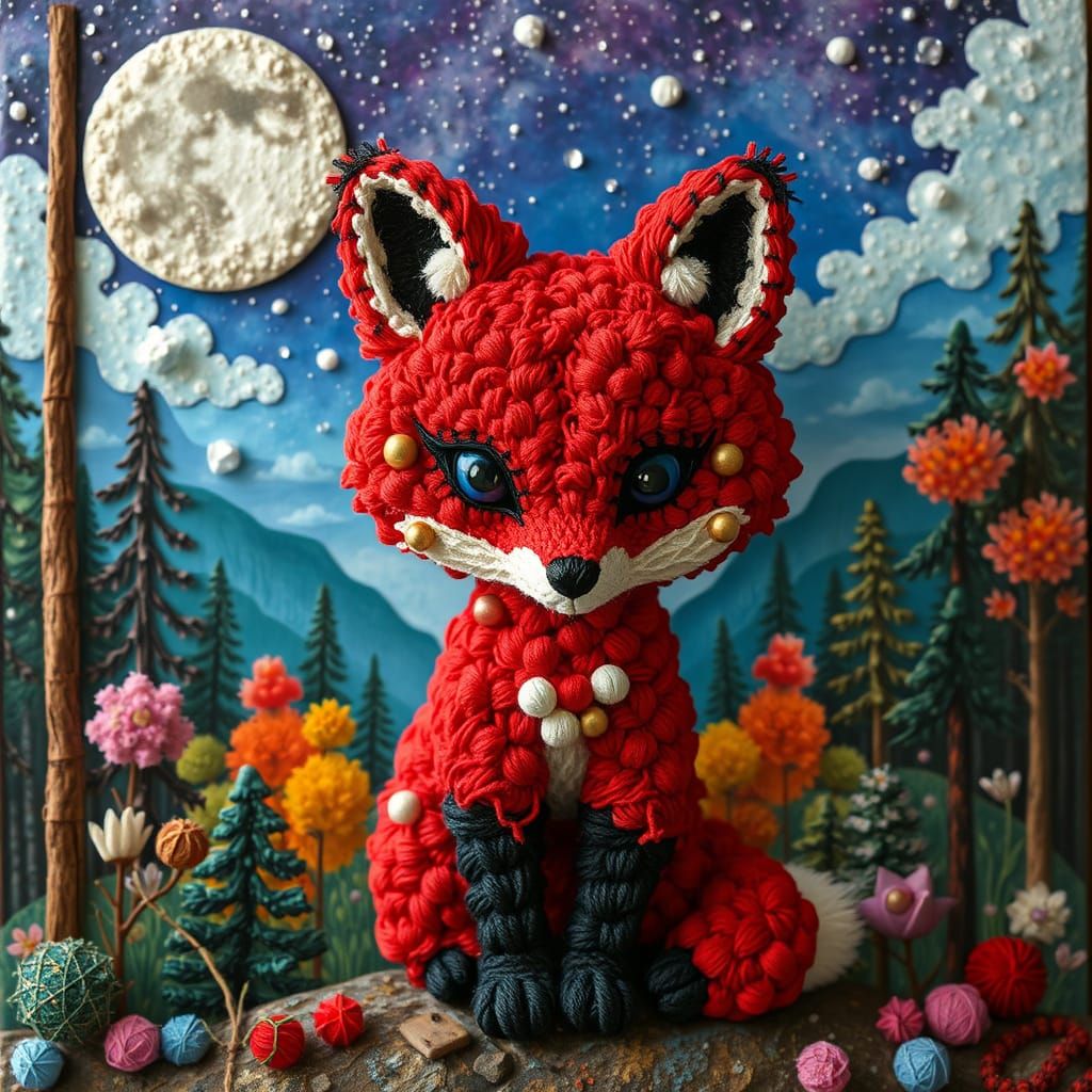 Yarn Fox in Crystal Moon Forest: Pop Surrealism