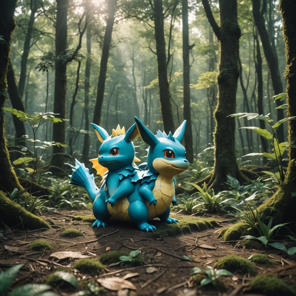Vaporeon Psyduck Fusion in Forest: Cinematic Still