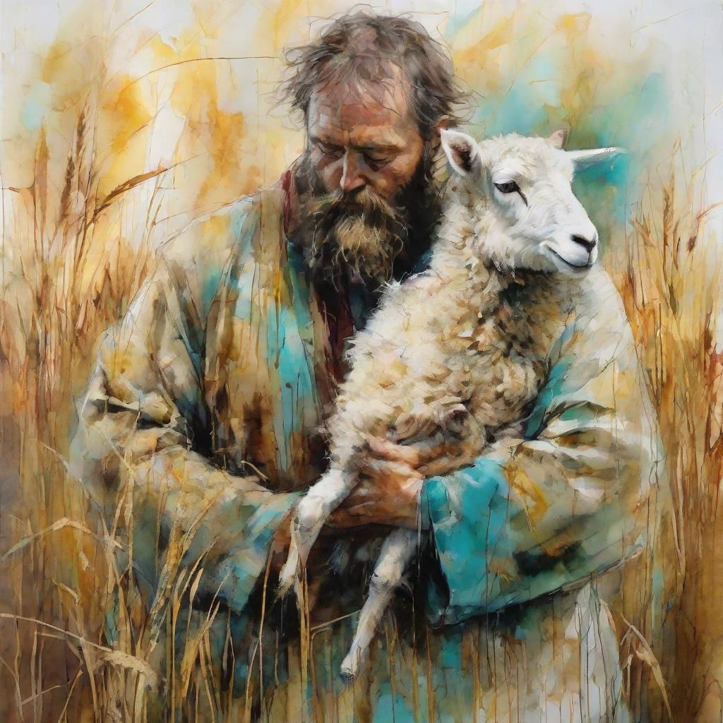 Shepherd with Lamb in Alcohol Ink Style