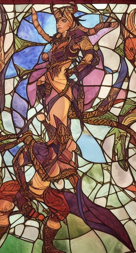 Stained Glass Tiefling Bard and Companions