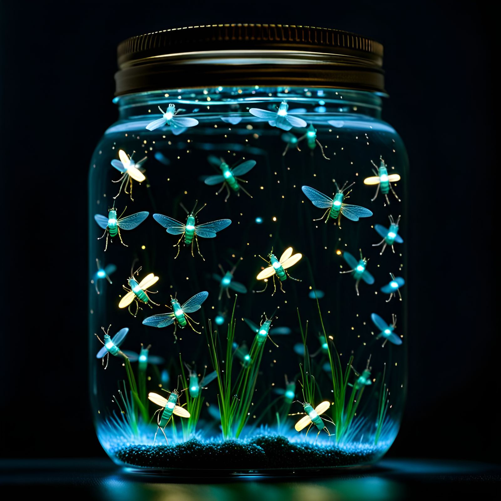 Bioluminescent Fireflies Glowing in a Jar