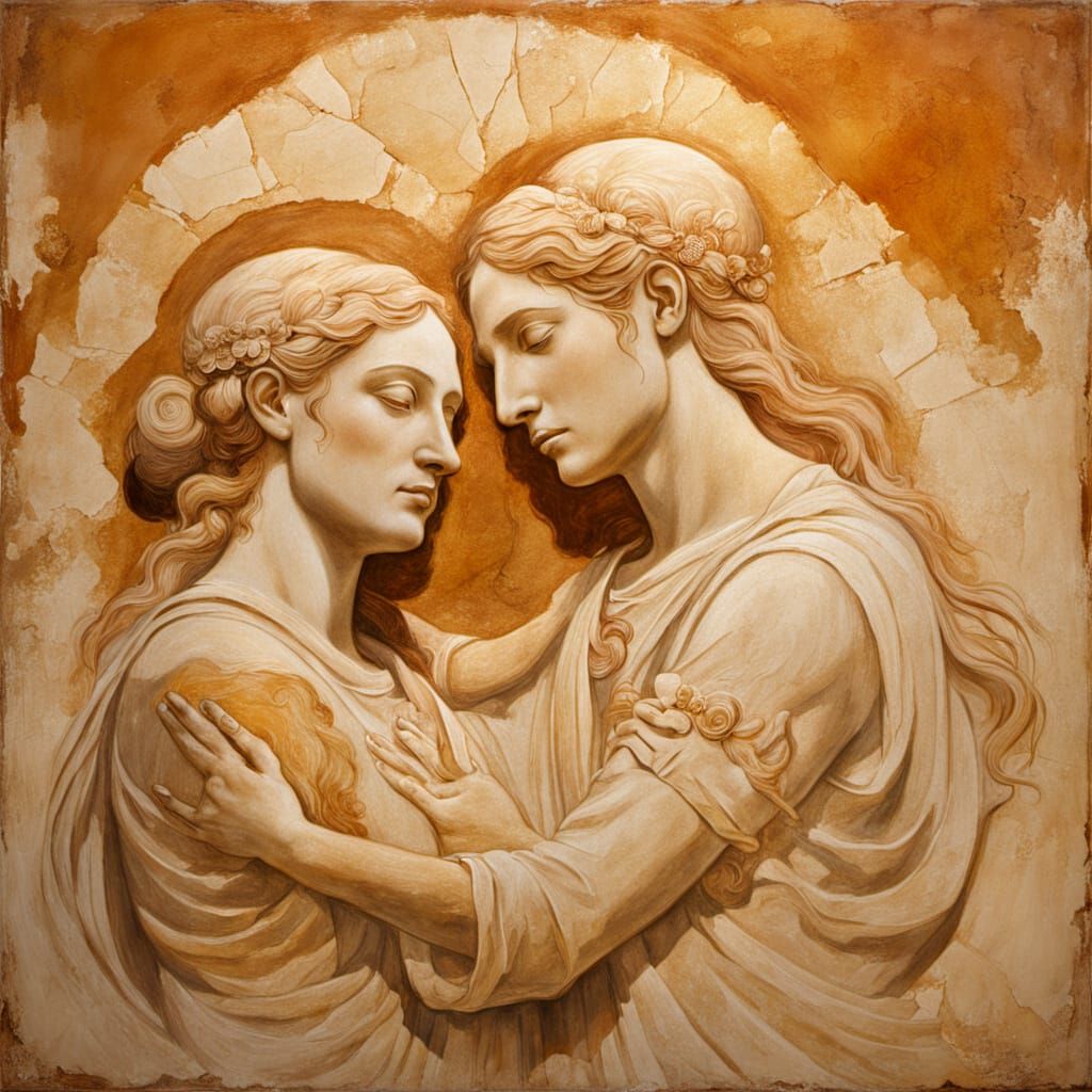 Classical Fresco of Embracing Figures in Golden Light