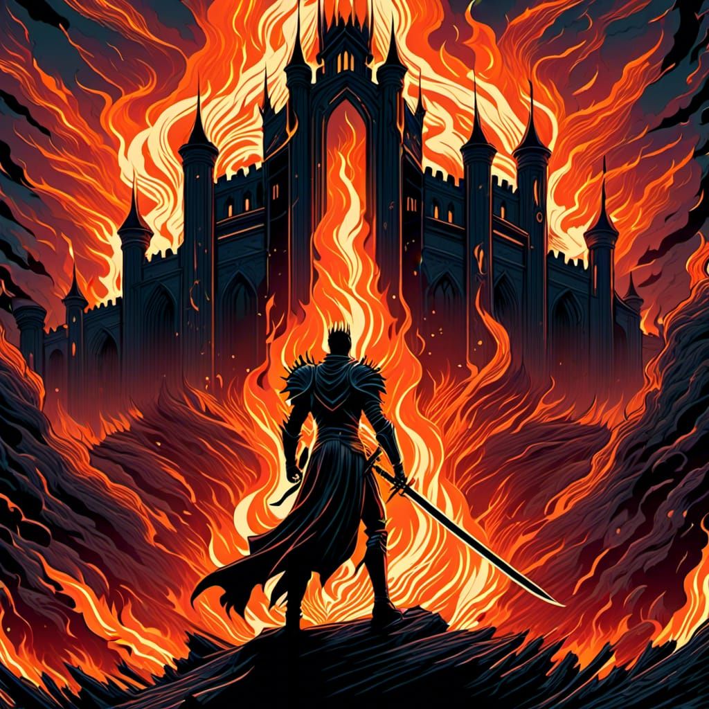 Fiery Knight with Sword and Castle, Dark Fantasy Art
