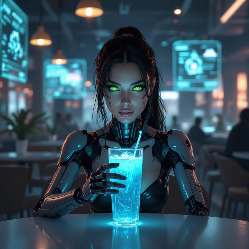 Cyborg Woman in Futuristic Cafe with Bioluminescent Accents