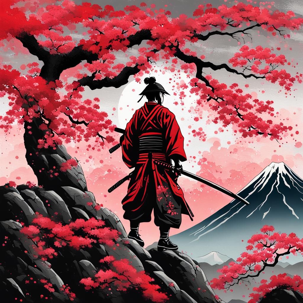 Samurai on Cliff with Cherry Blossoms in Graffiti Art Style