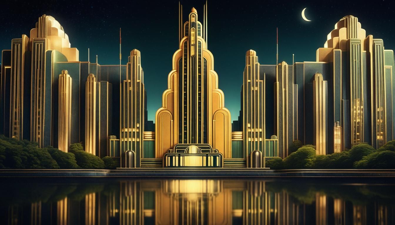 Art Deco Cityscape Reflecting in River at Night