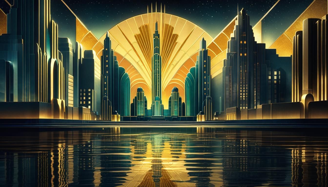 Golden Art Deco Cityscape at Night