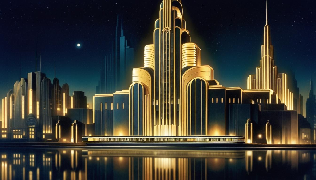 Art Deco Cityscape at Night in Gold