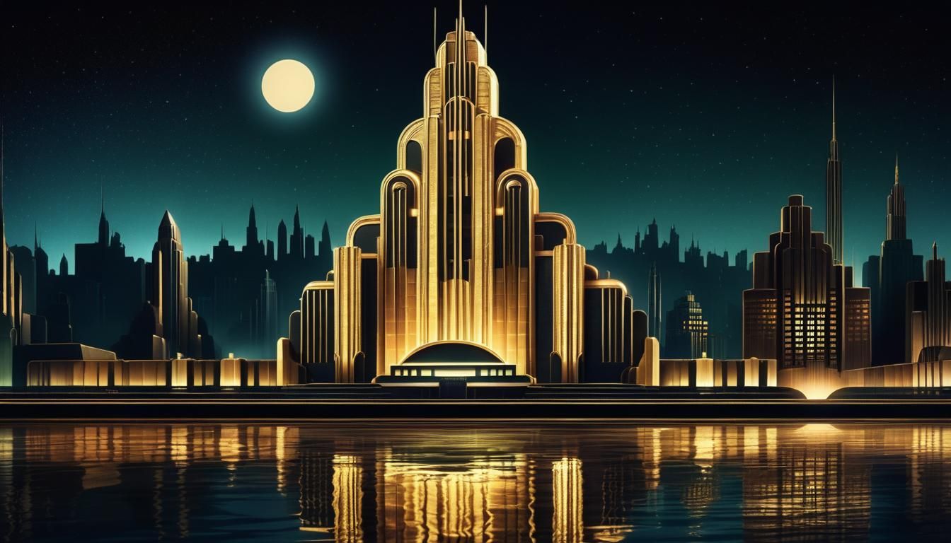 Art Deco Cityscape at Night in Gold