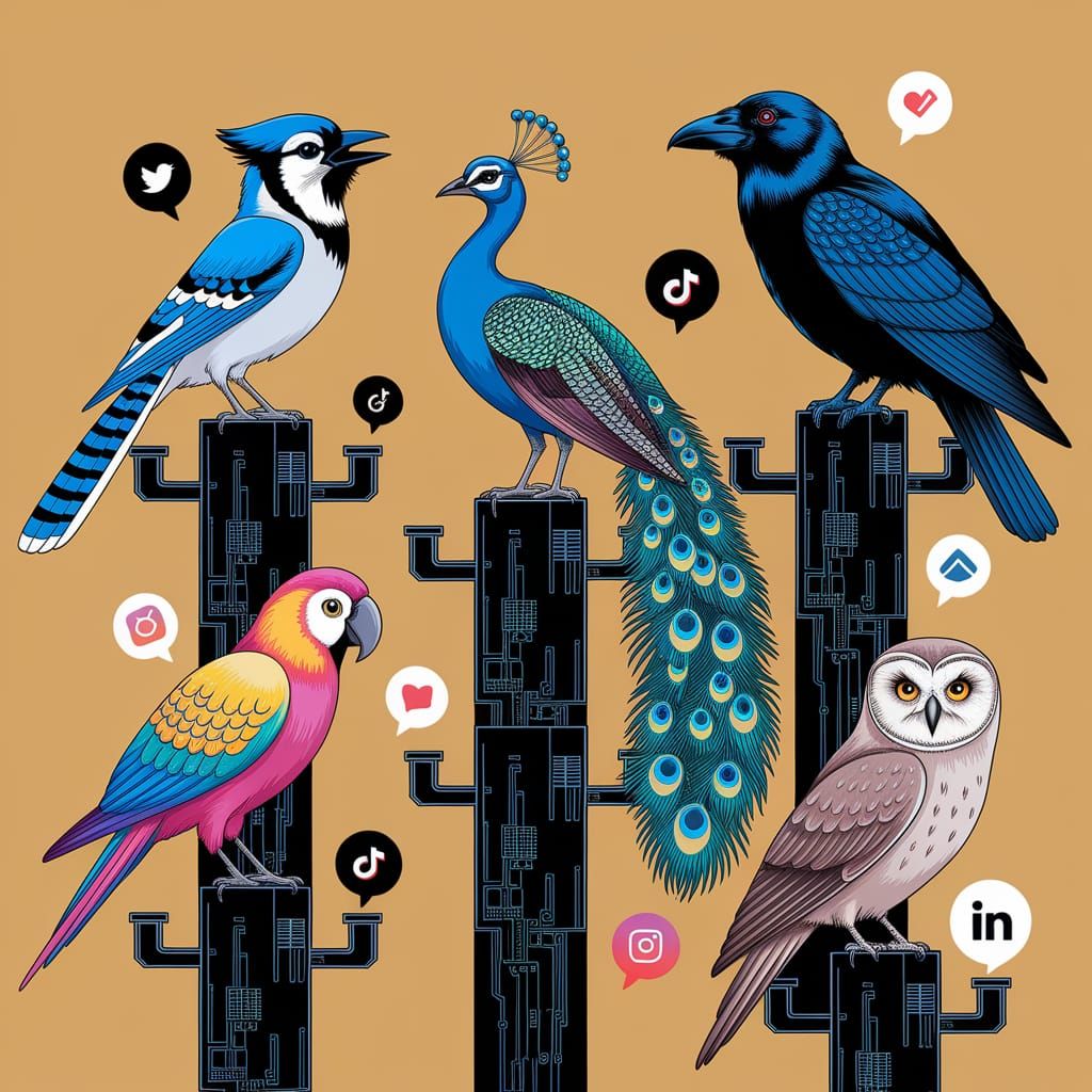 Birds Perch on Geometric Tech Towers in Vibrant Digital Illu...