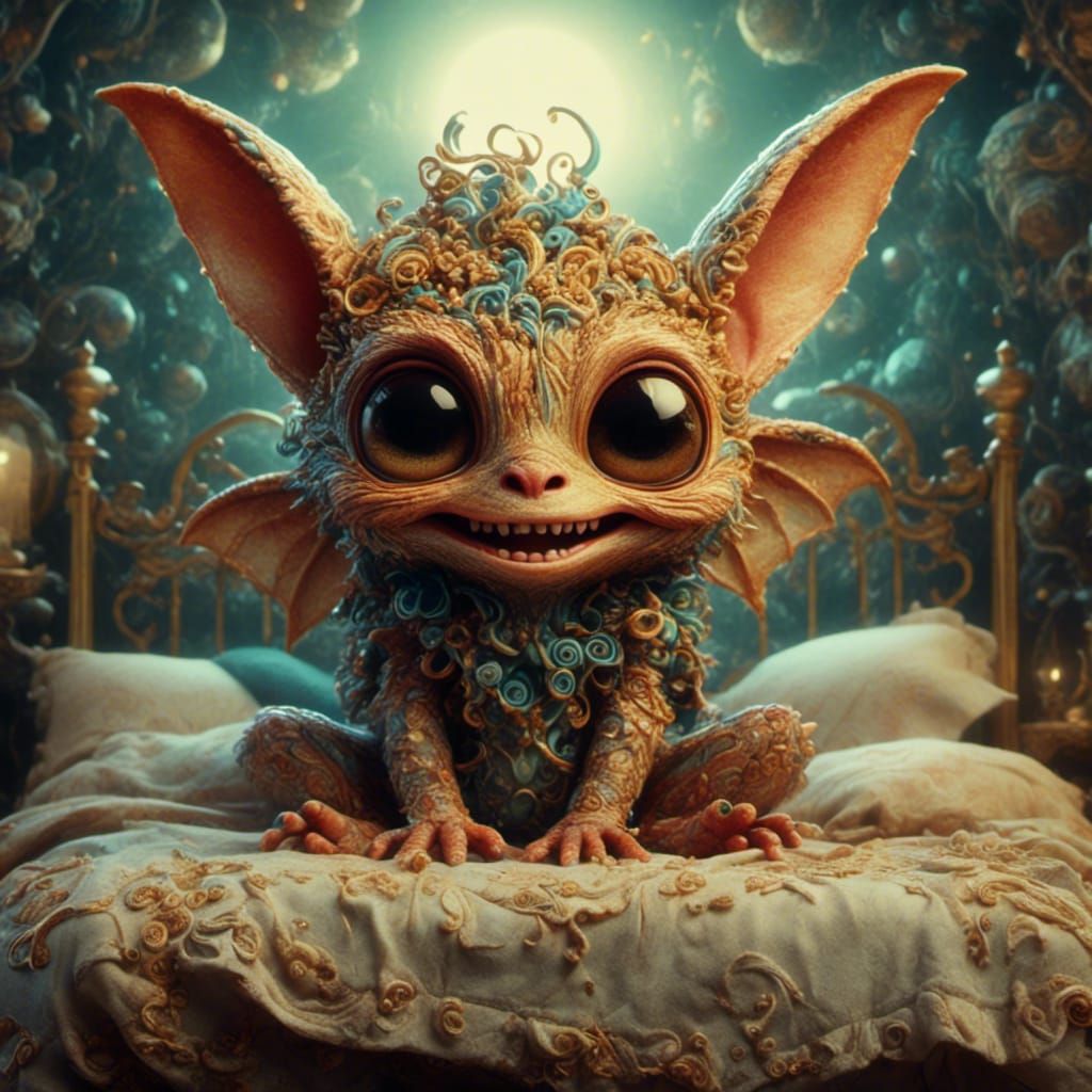 Whimsical Gremlin Portrait as Watercolor Ink Poster