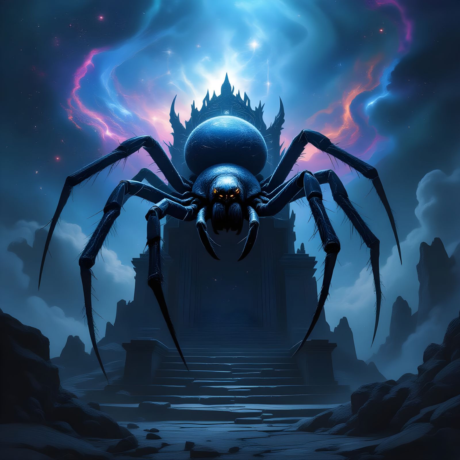 Cosmic Spider on Obsidian Throne in Nebulae Void